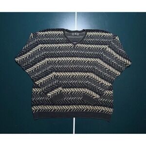 Vintage 90s Abstract 3D Chunky Knit Pullover Sweater Men Large Geometric Striped